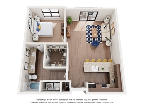 Floor plan for 1 bed, 1 bath, 843 sqft